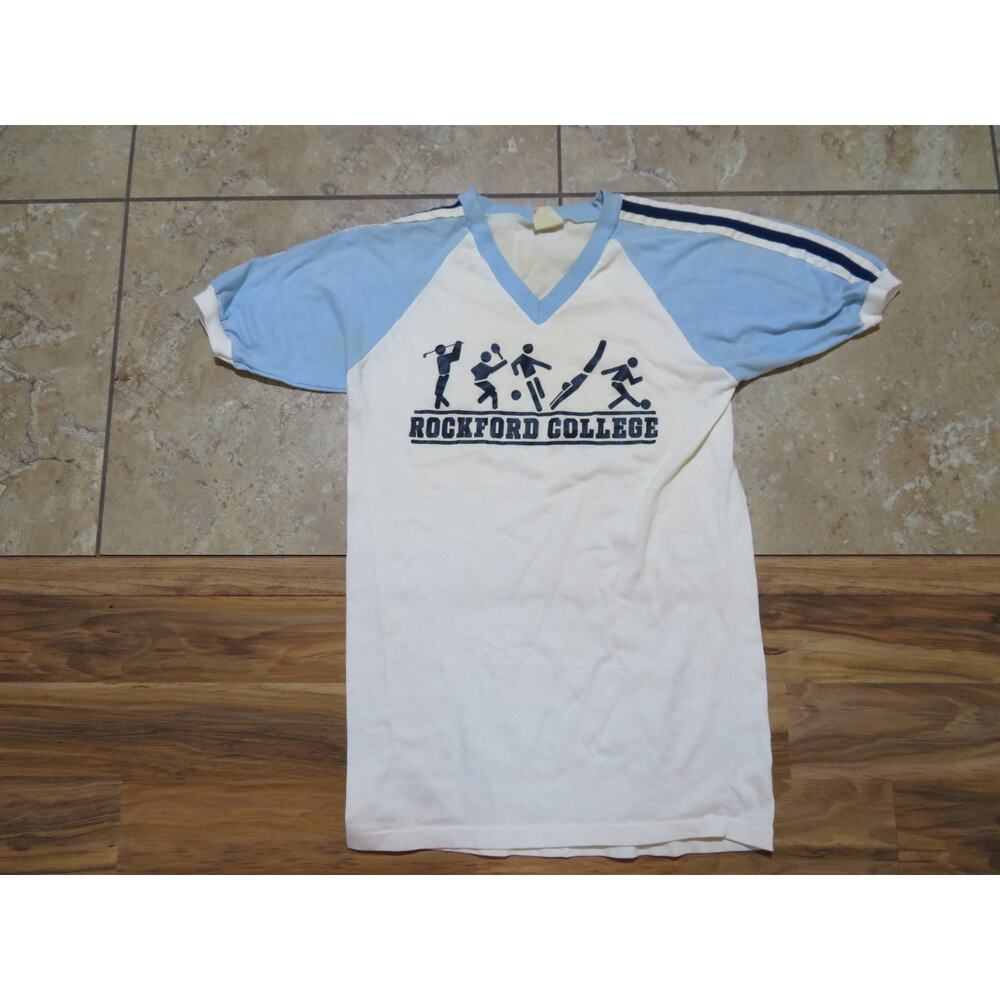 Rockford College White Blue V-Neck T-Shirt Sz M 1980s